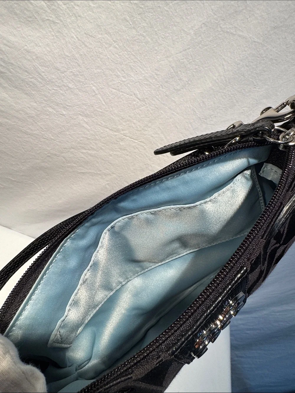 Coach Black Signature Jacquard Wrist/Shoulder Bag with Silver Hardware
